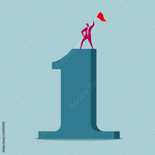 Businessman occupied the top of the number 1. Isolated on blue background.