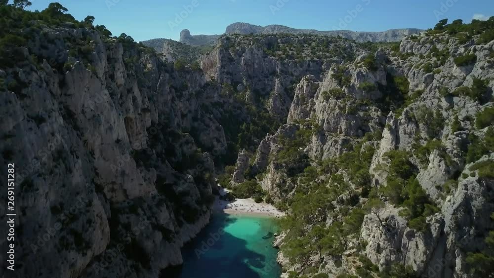Ascending aerial dolly of Mont Puget and Calanque d'En-Vau beach Ascending aerial dolly of Mont Puget and Calanque d'En-Vau beach