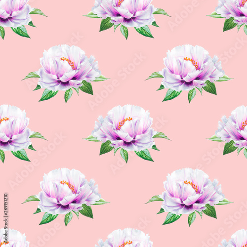 Beautiful white peony seamless pattern. Bouquet of flowers. Floral texture. Marker drawing. Watercolor painting. Wedding and birthday composition.  Flower painted background. Hand drawn illustration.