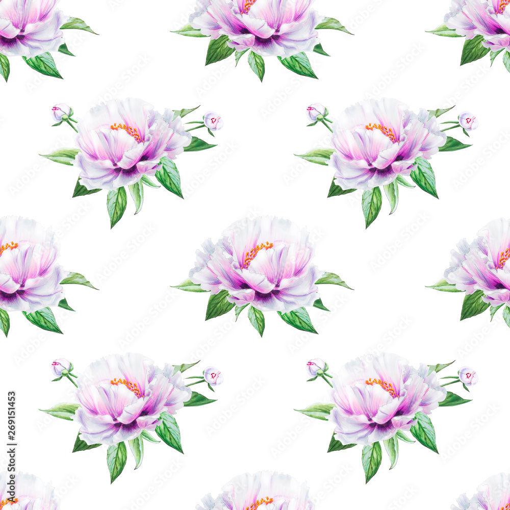 Beautiful white peony seamless pattern. Bouquet of flowers. Floral texture. Marker drawing. Watercolor painting. Wedding and birthday composition.  Flower painted background. Hand drawn illustration.