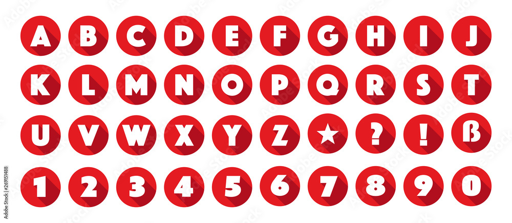 Lettres et chiffres de l'alphabet dans cercles rouges - obrazy, fototapety, plakaty 