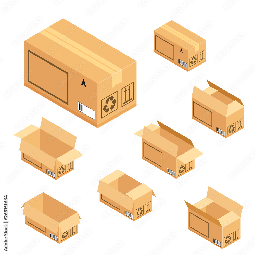 Set of isometric cardboard boxes. Delivery box package. Vector illustration isolated on white background. Set of isometric cardboard boxes. Delivery box package. Vector illustration isolated on white background.