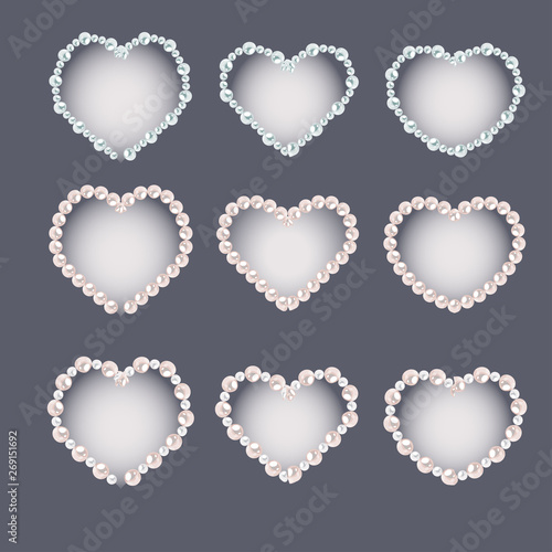 Set of heart shaped pearl frames isolated on gray background. Vector elements for decoration, wedding invitation or greeting cards, banners.