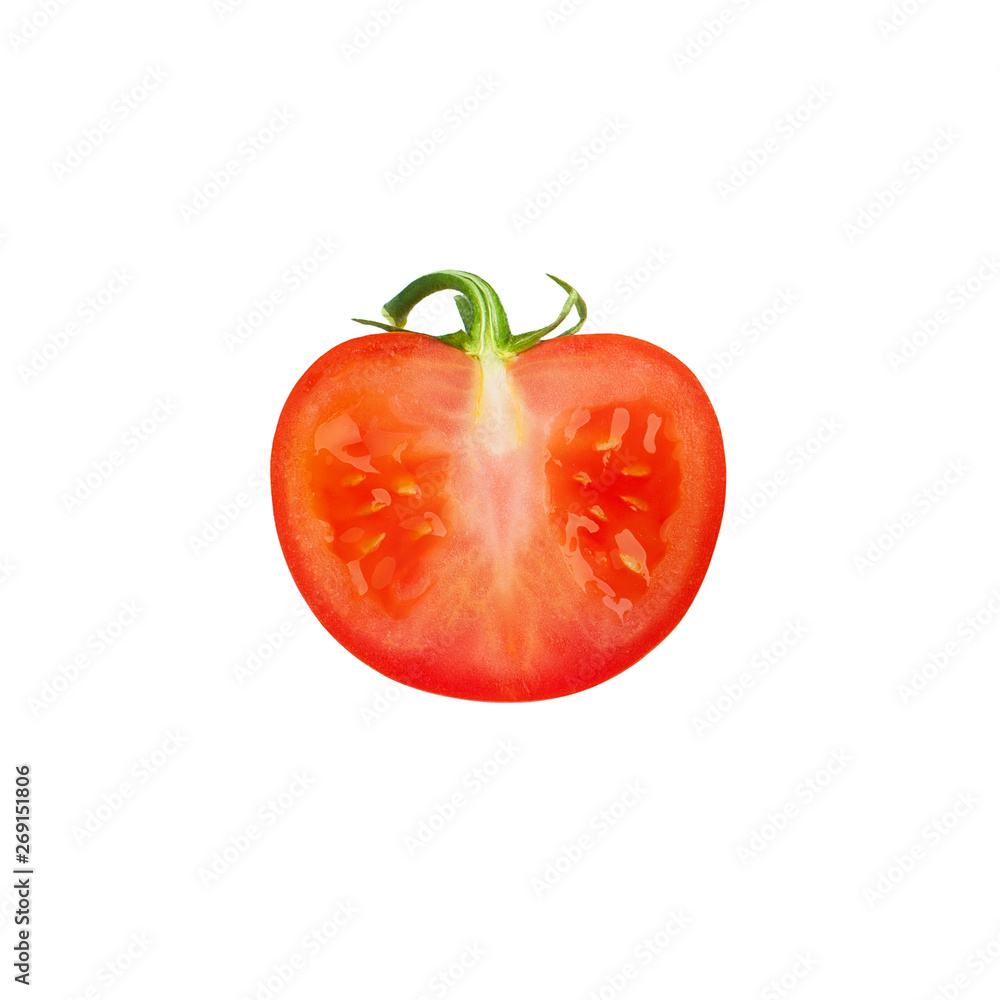 One cut off half of red tomato with yellow seeds and green leaves on white background isolated close up, beautiful round piece of sliced tomato macro, design element for label One cut off half of red tomato with yellow seeds and green leaves on white background isolated close up, beautiful round piece of sliced tomato macro, design element for label