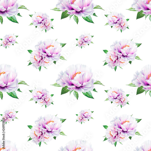 Beautiful white peony seamless pattern. Bouquet of flowers. Floral texture. Marker drawing. Watercolor painting. Wedding and birthday composition.  Flower painted background. Hand drawn illustration.