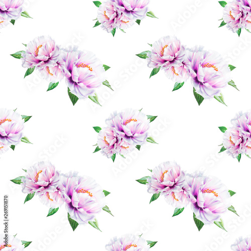 Fototapeta Naklejka Na Ścianę i Meble -  Beautiful white peony seamless pattern. Bouquet of flowers. Floral texture. Marker drawing. Watercolor painting. Wedding and birthday composition.  Flower painted background. Hand drawn illustration.