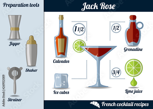 Jack Rose cocktail. Infographic set, recipe illustration