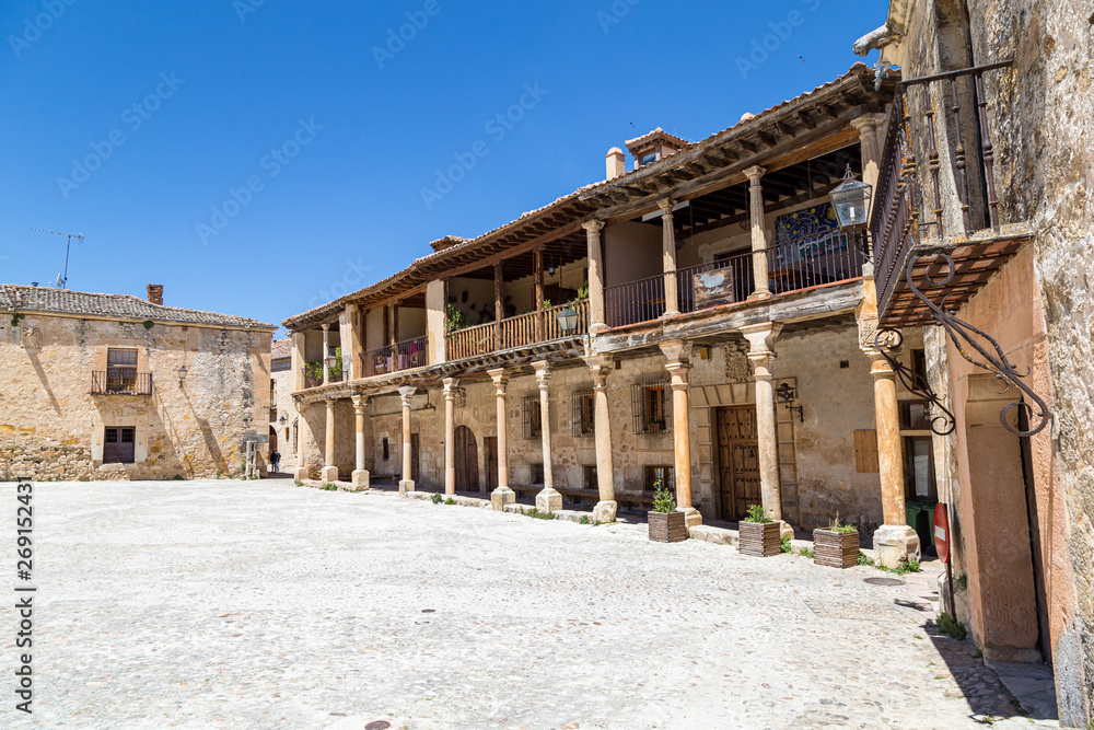 Pedraza, Castilla Y Leon, Spain: Plaza Mayor in a spring morning. Pedraza is one of the best preserved medieval villages of Spain, not far from Segovia