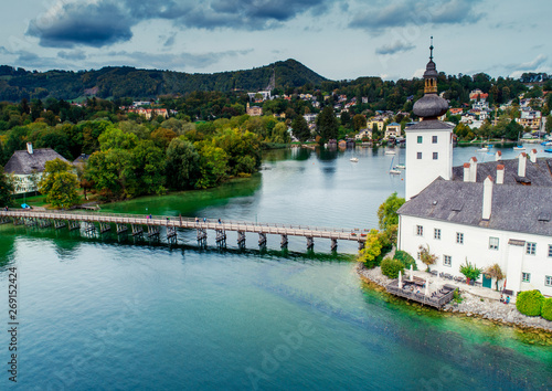 Aerial view of Gmunden Schloss with Traunsee lake in Austria
