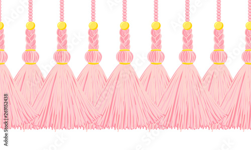 Vector seamless border pattern. Horizontal tassels from yarn or tread with beads and braid on cords, flat macrame style. Abstract design, powdery pink colors. Perfect for baby girl design