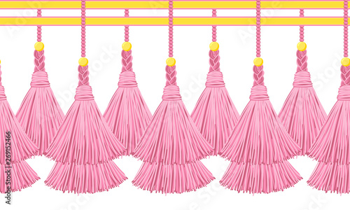 Seamless border pattern, abstract vector elements for design. Horizontal tassels from yarn or tread with beads and braid on cords, flat macrame style. Powdery pink colors with gold beads and ribbons