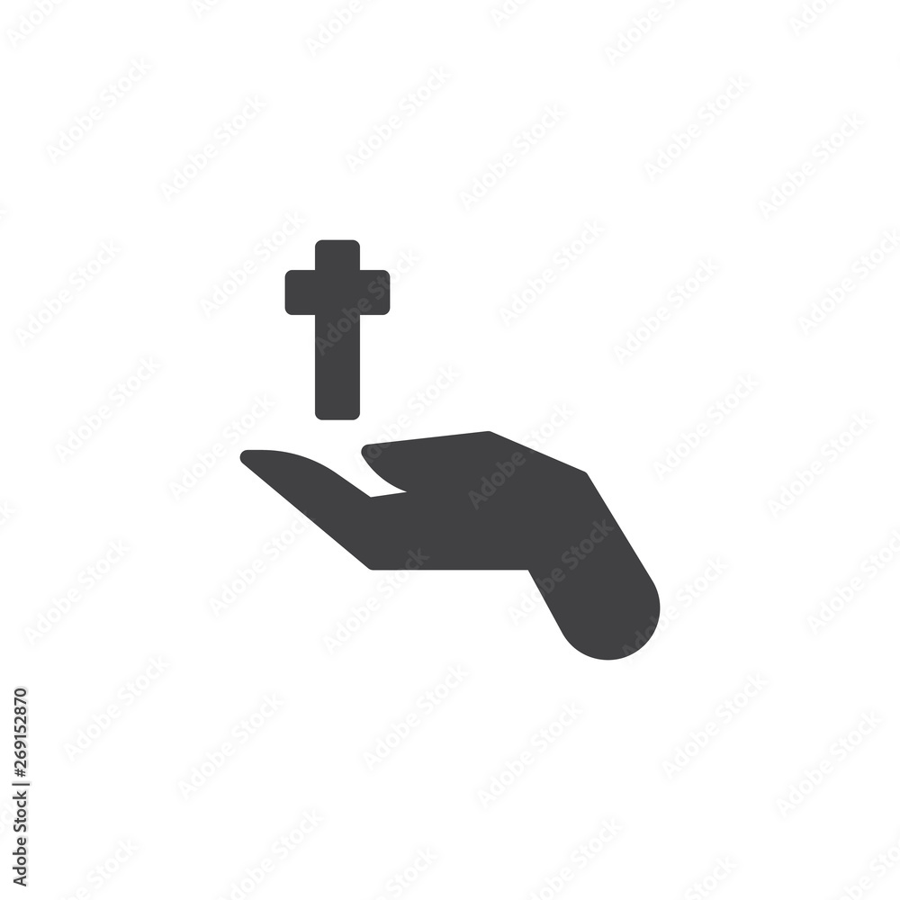Hand with holy cross vector icon. filled flat sign for mobile concept and web design. Hands holding christian cross glyph icon. Religion symbol, logo illustration. Vector graphics Hand with holy cross vector icon. filled flat sign for mobile concept and web design. Hands holding christian cross glyph icon. Religion symbol, logo illustration. Vector graphics