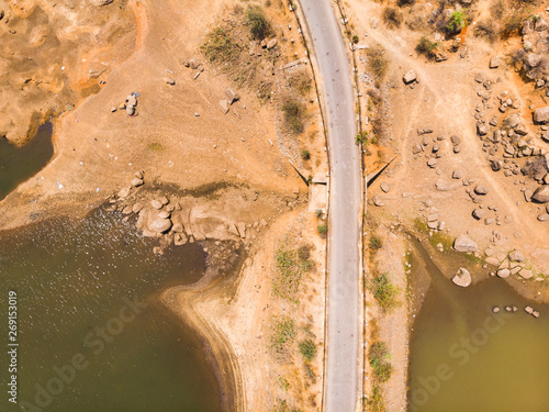 Aerial view of dam and road in India photo