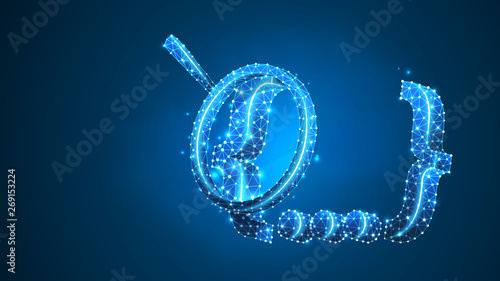 Magnifying glass analysis of Quote Curly Bracket symbol. Social communication research concept. Abstract, digital, wireframe, low poly mesh, Raster blue neon 3d illustration. Triangle, line, dot
