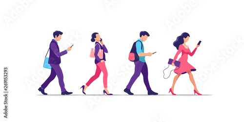 Young people walking. Humans strolling with smartphones, they are using their digital devices. Vector illustration.