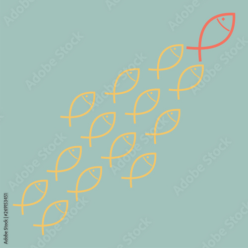 Group of fish follow the with their leader. Leadership concept. Vector illustration.