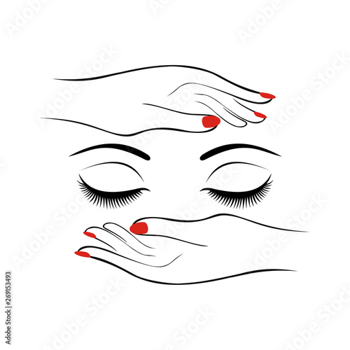 Fashion or health care concept. Female hands with red manicure protect women eyes with long lashes. Vector illustration.