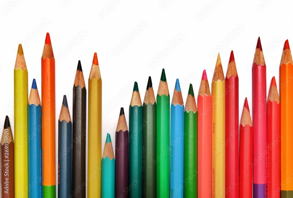 Mix Color pencil with copy space isolated on whtie background,education frame concept.