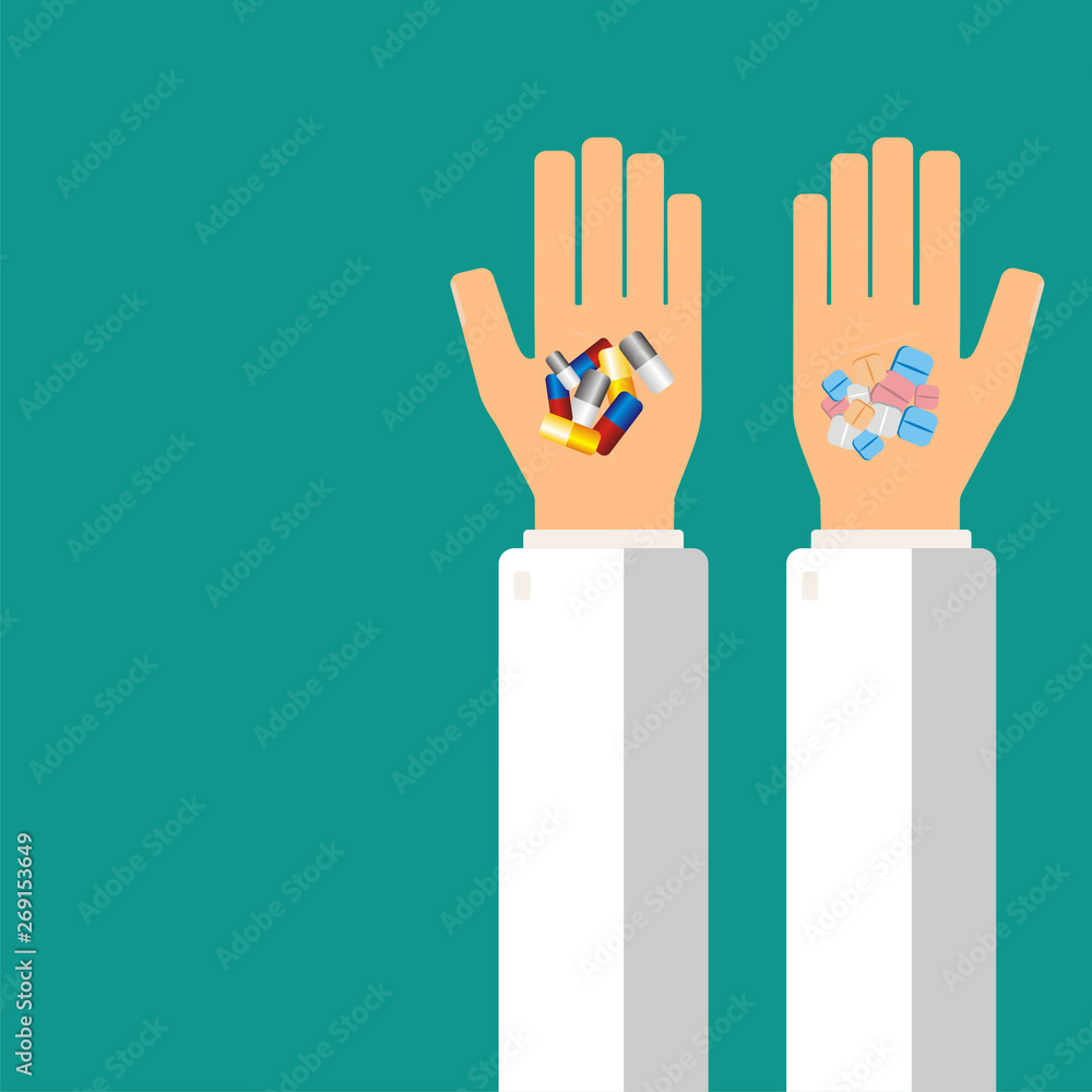 Doctor's hands holding pills for his patient. Healthcare concept. Vector illustration.