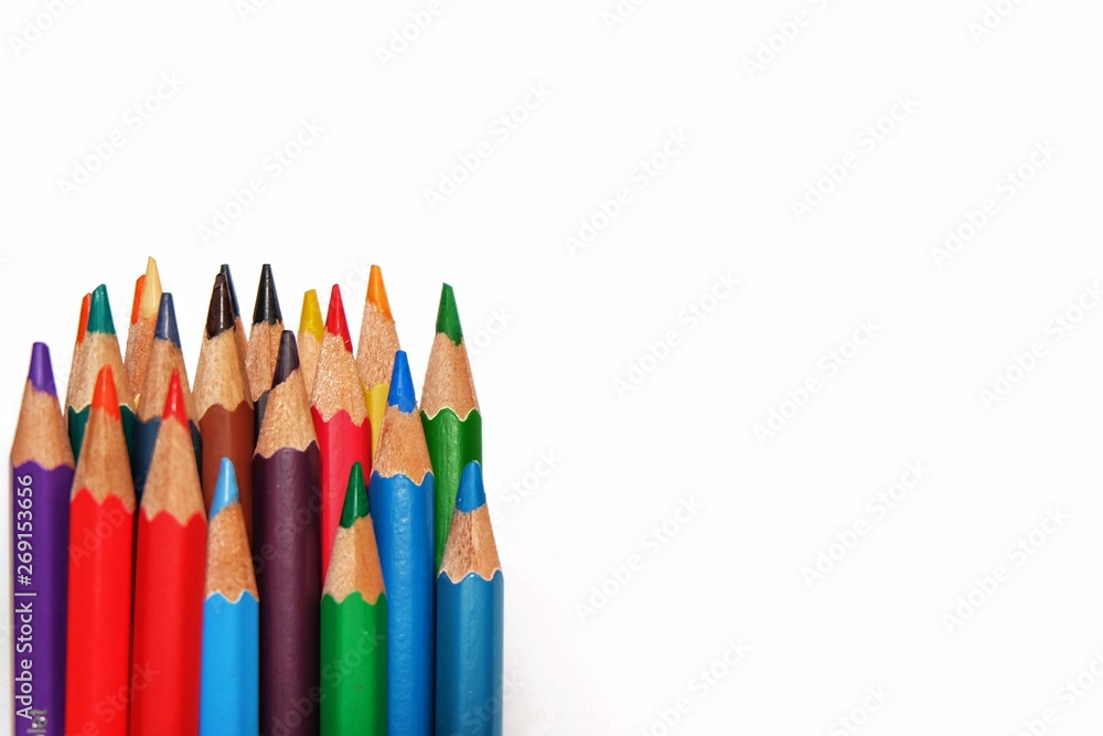 Mix Color pencil with copy space isolated on whtie background,education frame concept. Mix Color pencil with copy space isolated on whtie background,education frame concept.