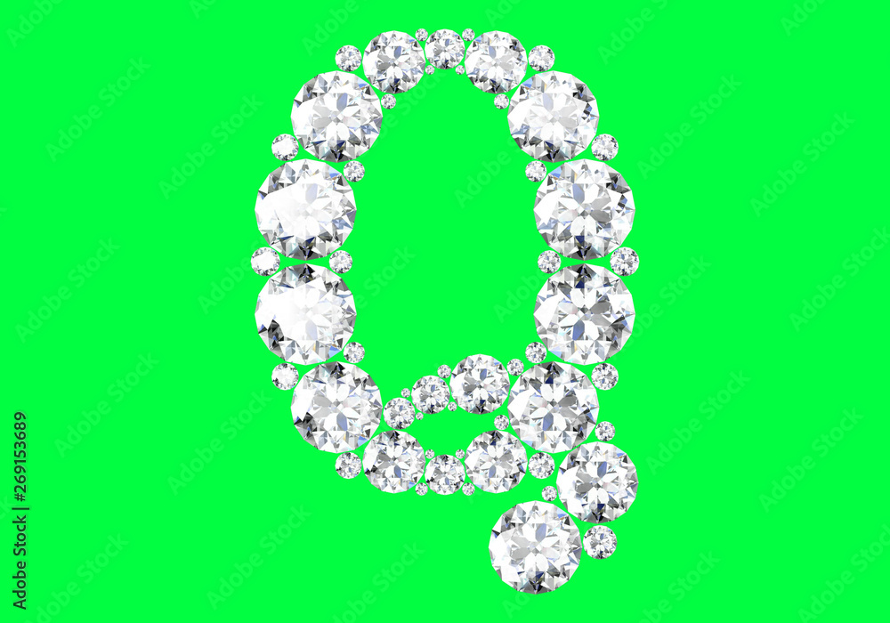 Diamond alphabet on green background, 3D Rendering.