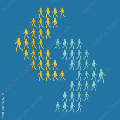 The concept of business or political opposition. Two groups of people go in different directions.