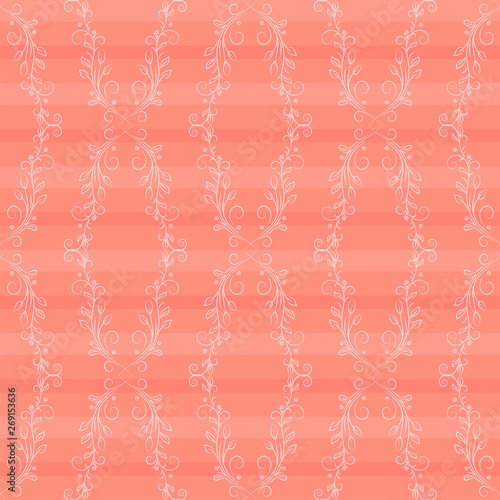 Seamless pattern of openwork rhombuses on a coral background.