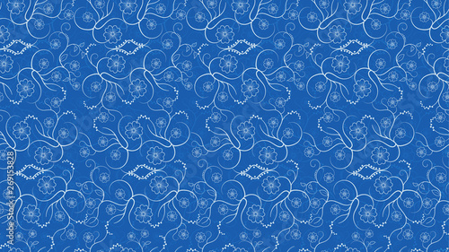 Seamless pattern of white lace flowers on a blue background. Frosty lace. Vector