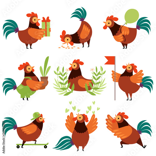 Collection of Colorful Roosters in Different Situations, Farm Cocks Cartoon Characters Vector Illustration