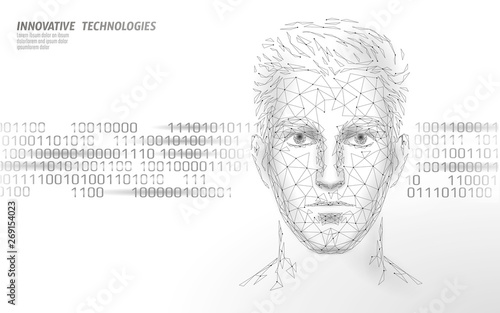 Low poly male human face biometric identification. AI artificial intelligence assistant system concept. Personal online chatbot help center innovation technology. 3D polygonal vector illustration