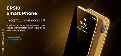 Set Mock-up of Modern Gold Smart Phone on Smooth Dark Brown Back in Perspective View. Realistic Vector Illustration of Smartphone. New Shiny Mobile Cellphone with Reflection on the Screen.