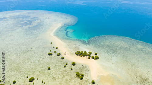 Tropical island with mangroves and turquoise lagoons on a coral reef, top view. Fraser Island, seascape Honda Bay, Philippines. Atolls with lagoons and white sand.