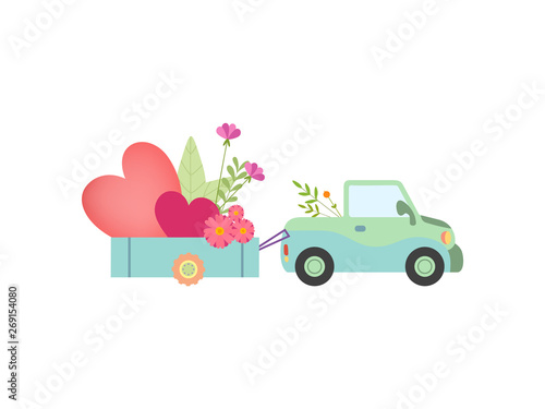 Cute Car with Cart Full of Flowers and Hearts Vector Illustration