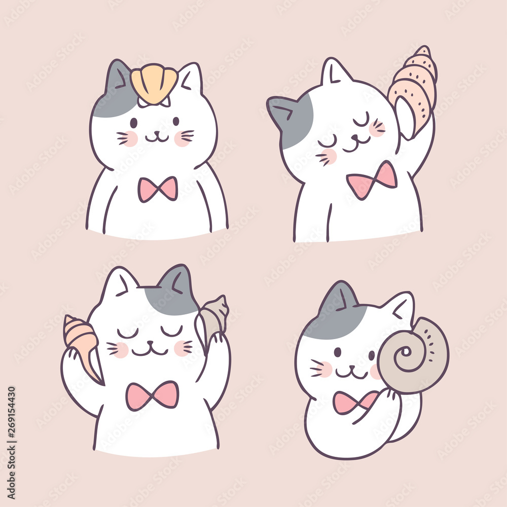 Cartoon cute summer cat and shell vector. Cartoon cute summer cat and shell vector.