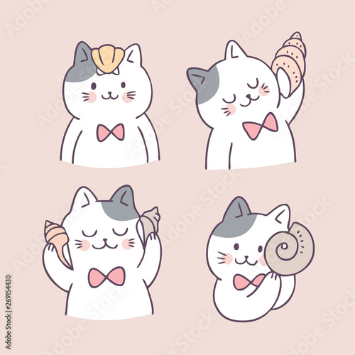 Cartoon cute summer cat and shell vector.