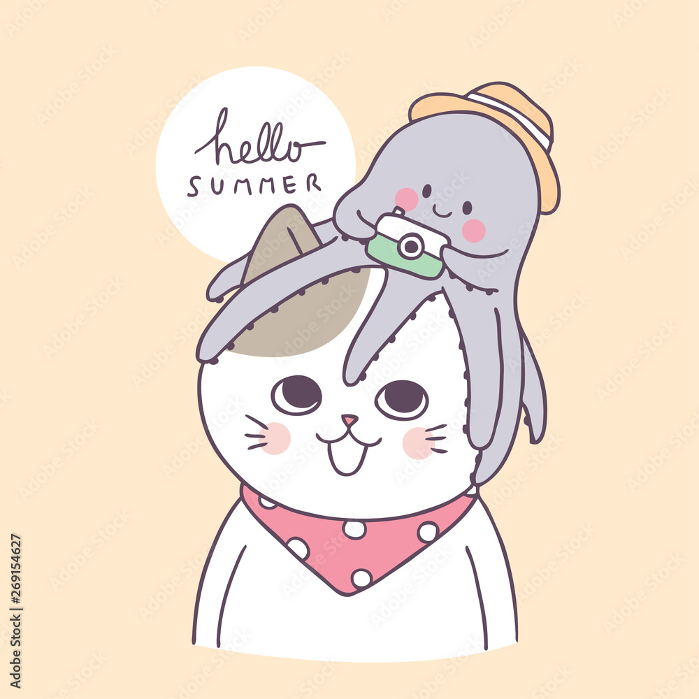 Fototapeta premium Cartoon cute summer cat and squid vector.