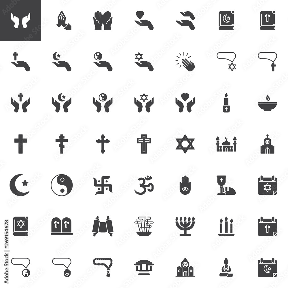 Religion vector icons set, modern solid symbol collection, filled style pictogram pack. Signs, logo illustration. Set includes icons as church building, mosque, synagogue, holy cross, calendar, bible