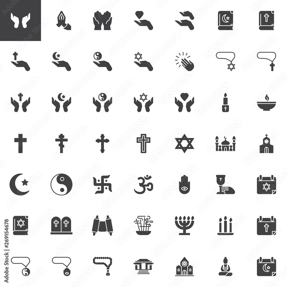 Religion vector icons set, modern solid symbol collection, filled style pictogram pack. Signs, logo illustration. Set includes icons as church building, mosque, synagogue, holy cross, calendar, bible Religion vector icons set, modern solid symbol collection, filled style pictogram pack. Signs, logo illustration. Set includes icons as church building, mosque, synagogue, holy cross, calendar, bible