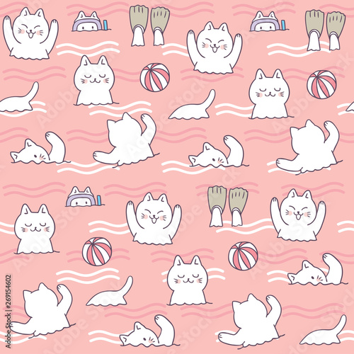 Cartoon cute summer cat swimming vector.