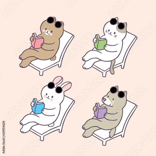 Cartoon cute summer animals reading vector.