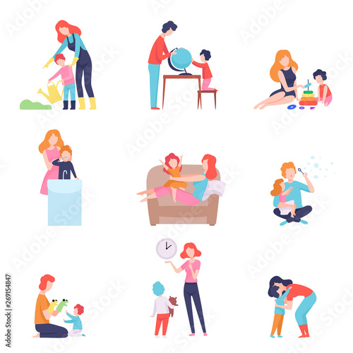 Parents Spending Time with Kids Set, Mother and Father Teaching and Playing with Sons and Daughters Vector Illustration