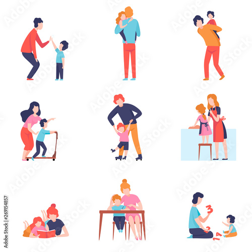 Parents Having Good Time with Kids Set, Mother and Father Teaching and Playing with Sons and Daughters Vector Illustration