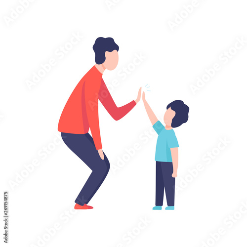 Dad and His Son Giving High Five to Each Other  Father Having Good Time with His Kid Vector Illustration
