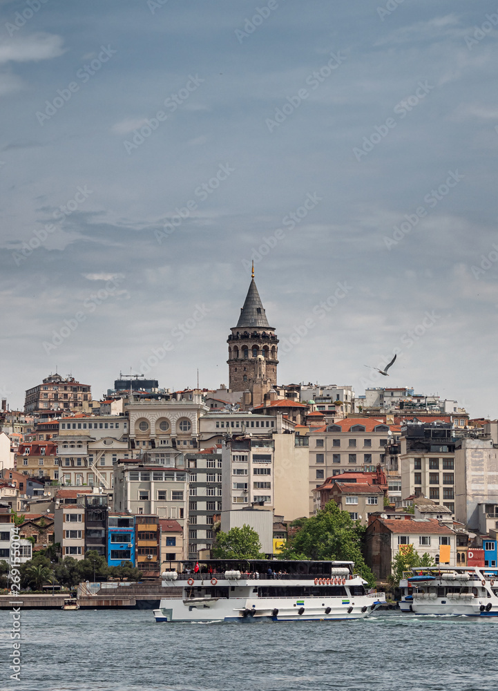 Galata Tower in central Istanbul seen from the seaside, Turkey