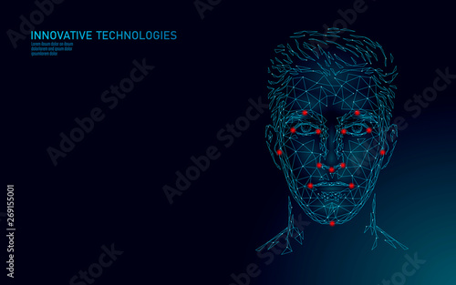 Low poly male human face biometric identification. Recognition system concept. Personal data secure access scanning innovation technology. 3D polygonal rendering vector illustration