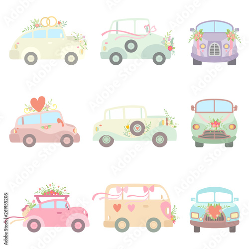 Collection of Cute Vintage Cars Decorated with Flowers, Hearts and Ribbons, Romantic Wedding Retro Cars, Front and Side View Vector Illustration