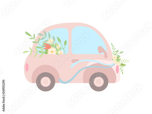 Cute Pink Vintage Car Decorated with Flowers  Romantic Wedding Retro Auto  Side View Vector Illustration
