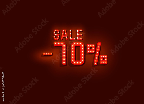 Neon 70 sale text banner. Night Sign. Vector