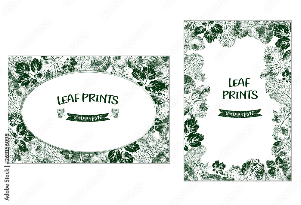 Postcards with prints of green leaf prints in horizontal and vertical view. Vector.