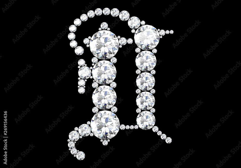 Diamond letters with gemstones isolated on black.3D rendering Diamond letters with gemstones isolated on black.3D rendering